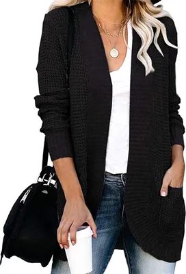 Produktbild von ASKSA Damen lässig Langarm Strickpullover lässigStrickjacke Casual Weicher, Schwarz XL