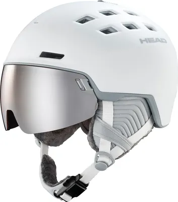 A white ski helmet with a silver visor and gray accents, shown against a white background.