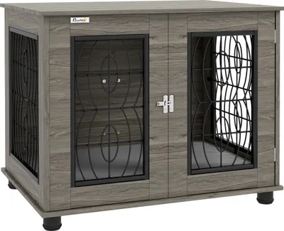 Image de Cage pour chien PawHut pour la maison, niche avec coussin, porte avant verrouillable, gris