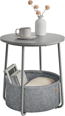 Productafbeelding van Ronde bijzettafel met opbergmand - Salontafel klein - Ø 45 cm - Hoogte 50 cm - Grijs