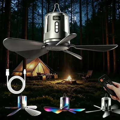 Obrázek produktu pro Stropní ventilátor s osvětlením pro kempování, s možností nabíjení a dálkovým ovládáním
