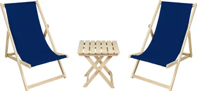 Two dark blue deck chairs and a small wooden side table are arranged on a white background.