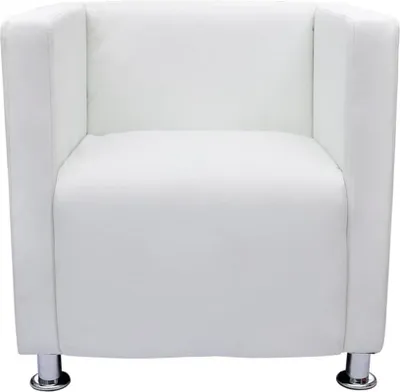 A white cube armchair with chrome legs is shown from the front against a white background.