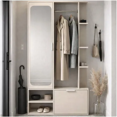 Produktbild von MEBLINI Garderobenschrank Flur mit Spiegel - Garderobe Schrank - Flurgarderobe schmal - Garderobe Flur Möbel Set - Flurschrank hoch - NADIA - 100x33x190cm R/L - Kaschmir