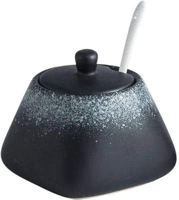 Produktbild von Keramische Kruiden- und Zuckerpotte mit Deckel und Löffel, 340ml, weiß und schwarz.