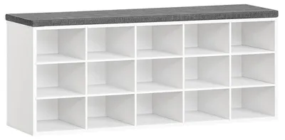 Image de Meuble de rangement pour chaussures avec 15 compartiments et banc rembourré, dimensions : 110 x 30 x 48 cm. Couleur : blanc/gris