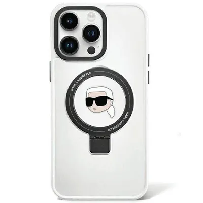 A white iPhone case with a Karl Lagerfeld design is shown against a white background.