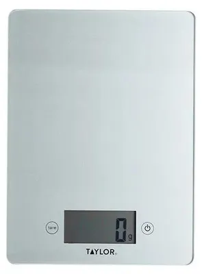 Produktbild von Taylor Pro Digitalwaage de Glas de Küche, kompaktes und ultraschlankes Design, Profi-Niveau mit Funktion de Gewicht mit Tara, silberne Oberfläche, 5 kg de Kapazität.