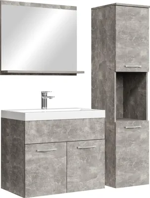 Produktbild von Badplaats Badmöbel Komplettset Montreal 60 x 35 cm Beton Grau - Badezimmermöbel mit Waschbecken, Spiegel und Badezimmerschrank
