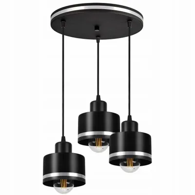 A black pendant light fixture with three lamps and silver accents, suspended from a circular ceiling mount.