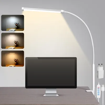 Immagine prodotto di Lampada da scrivania a LED - Lampada da tavolo - Ideale per lettura e lavoro - Braccio flessibile a "collo di cigno" - Con morsetto - Colore bianco