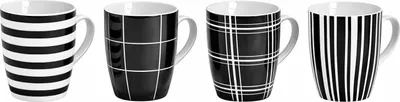 Produktbild von Modernes Porzellan Kaffeetassen 4er Set I 10cm hoch - Ø 8cm - 300ml I Große Kaffee Tasse in schwarz / weiß gestreift & kariert
