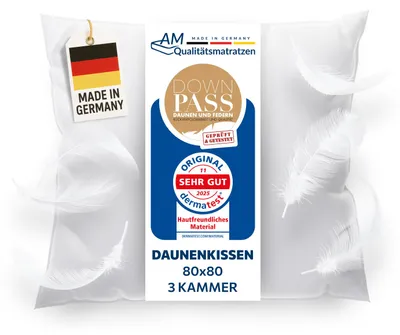 Produktbild von AM Qualitätsmatratzen | Premium 2er Daunenkissenset | 80x80 cm | Daunen | Kissen | 80x80 | Kopfkissen | Allergiker geeignet | Nomite | Downpass