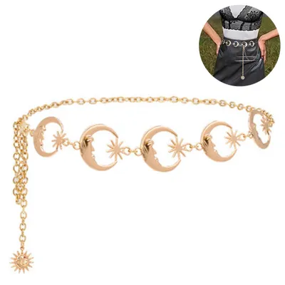 Produktbild von Körperkette Damen Bauchkette Gliedergürtel mit Mondanhänger, verstellbar, allergiefrei, für Festival und Strand, Gold und Silber