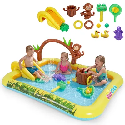 Zdjęcie produktu dla COSTWAY Nadmuchiwany park wodny ze zjeżdżalnią, basen dla dzieci „Jungle Adventure” z brodzikiem, małpką, zraszaczami i pniem drzewa, park wodny dla dzieci od 2 lat
