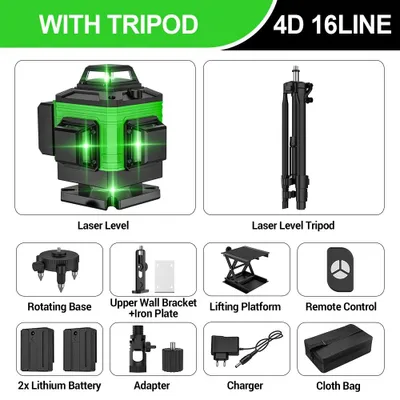 Image de Niveau laser - 16 lignes - Laser de lignes croisées - Auto-nivellement - 360° horizontal et vertical - Laser vert - Livré avec trépied et sac de transport
