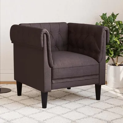 Zdjęcie produktu dla Ciemnobrązowe, tapicerowane tkaniną, fotel Chesterfield, idealny do relaksu w salonie