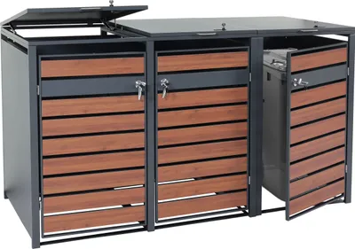 Produktbild von 3er Mülltonnenverkleidung HWC-J81, Mülltonnenbox, erweiterbar, Metall 82kg, anthrazit Kirsche-Holzoptik dunkelbraun