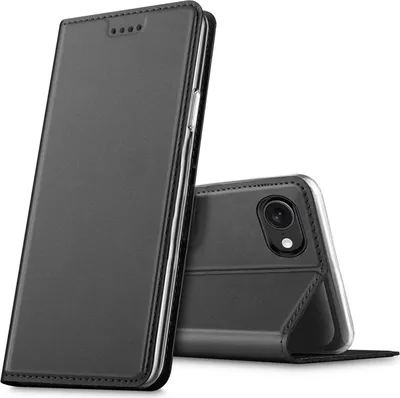 A black flip case for a smartphone is shown in a studio setting.