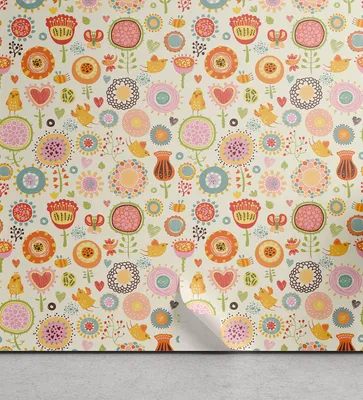Image de ABAKUHAUS Papier peint rétro amovible et adhésif pour la maison, fleurs et oiseaux chantants, accent autocollant pour le salon ou la cuisine, 33 cm x 250 cm, multicolore
