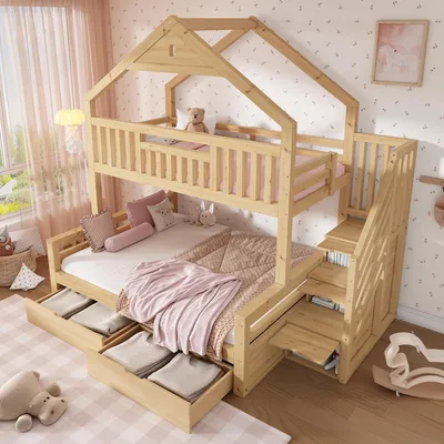 Productafbeelding van Merax stapelbed 90x200 & 140x20 cm met 2 lades, houten bed met puntdak, trap met opbergruimte, veiligheidsreling, kinderbed, familiebed, eikenhout