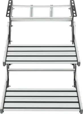 Zdjęcie produktu dla Schodki do kampera i przyczepy kempingowej - podwójne stopnie wejściowe - składane ręcznie - antypoślizgowe - aluminium - nośność 200 kg - 55x88x44 cm - kolor srebrny