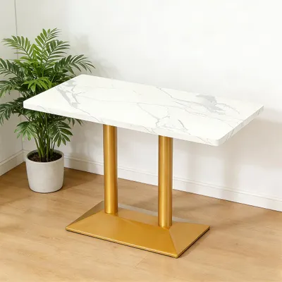 Produktbild von Gastronomiemöbel, Esstisch, Cafétisch, Metall-Sockel, Weiß-Gold, rechteckige Tischplatte, 120×60×75 cm /M-BJ-120/