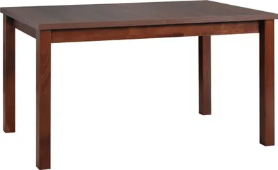 A brown wooden dining table is shown against a white background.