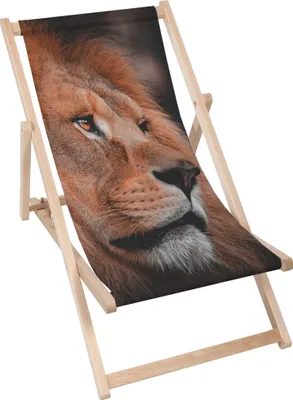 A close-up of a lion's profile printed on a foldable wooden deck chair.