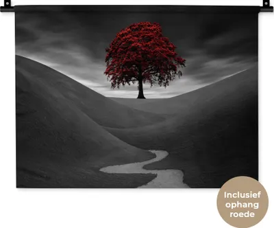 Produktbild von MuchoWow® Wandteppich Wandbehang Schwarz-Weiß-Foto mit einem roten Baum 60x45 cm Tapisserie Dekoration Wandtuch - Das Schlafzimmer