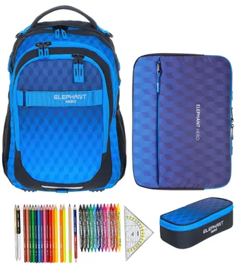 Produktbild von Schulrucksack Elephant Hero Signature 4 Teile Set Rucksack Jungen + Mäppchen Box + Laptophülle + 31 tlg. Stifteset 12686 Dark Blue Cube Blau +rmlv
