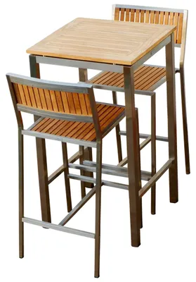 Produktbild von ALEOS. Bar Set - EDELSTAHL TEAK Bartisch Bistrotisch 60x60cm mit 2x Barhocker Modell: MEXIKO A-Grade Teakholz