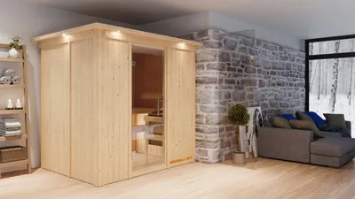 Produktbild von Karibu Sauna Innensauna Bodin Fronteinstieg Ofen 9 KW externe Strg easy 210x165x202 cm mit Dachkranz mit Klarglastür