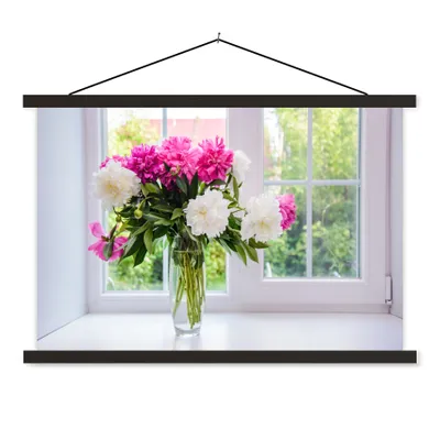 Produktbild von MuchoWow® Textilposter Blumen - Pfingstrosen - Vase 60x40 cm mit schwarzem Rahmen - Hölzernes