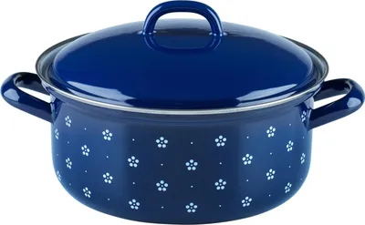 A blue enamel pot with a lid and white floral pattern, shown from a slightly elevated front-side angle on a white background.