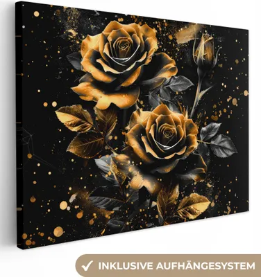 Produktbild von MuchoWow® - Leinwandbilder - Rosen - Gold - Schwarz - Blumen - Modern, Wandbild, Wanddeko Bilder Wohnzimmer, 80x60 cm