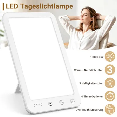 Image de Lampe de luminothérapie LED Vigevee, 10000 lux, idéale pour l'automne et l'hiver, avec 3 couleurs de lumière, 5 niveaux de luminosité, 4 minuteries,tactile, port USB-C et pied réglable