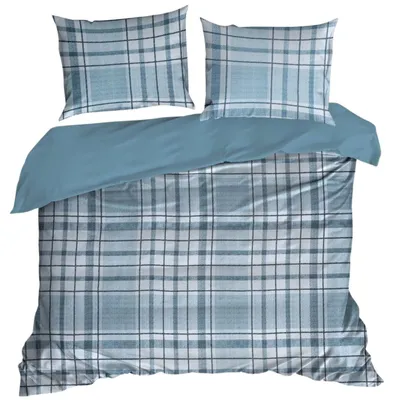 Image de EUROFIRANY | Ensemble de housse de couette - Linge de lit - 160 x 200 cm - 100 % coton - Parure de lit - bleu - Motif à carreaux