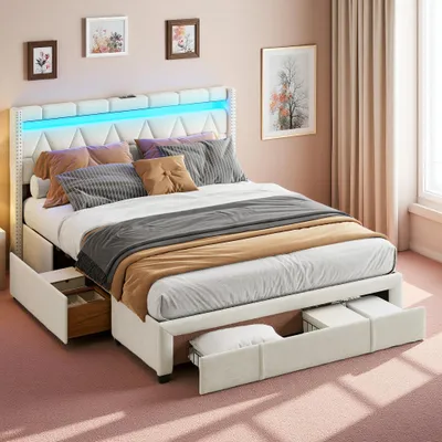 Obrázok produktu pre UnboxG Čalúnená posteľ 140x200 cm Béžová látka s úložným priestorom, LED čelom a USB nabíjacou funkciou, dvojposteľ s 4 zásuvkami a roštom