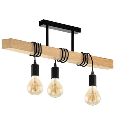 A pendant light fixture with a wooden beam and three exposed bulbs.