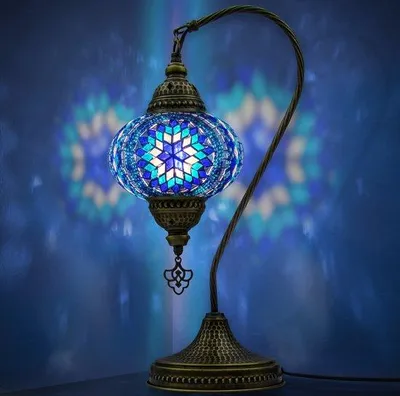Obrázek produktu pro Mozaiek Zwanenhals Lampe, ručně vyráběná noční lampička v orientálním stylu, marocká stolní lampička do ložnice a obývacího pokoje – modrá