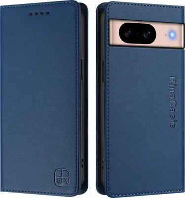 A blue flip wallet phone case for a Google Pixel 8A is shown from two angles.