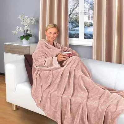 Zdjęcie produktu dla Miękki koc flanelowy z rękawami i skarpety, 180 x 150 cm, różowy