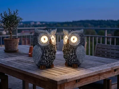 Produktbild von 2er Set Ausgefallene Solarleuchten Tierlampe Eule für den Garten Grau, H: 19,5cm