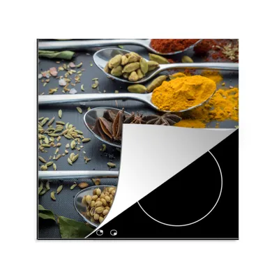 Produktbild von KitchenYeah© Herdabdeckplatte Nahaufnahme Löffel mit Gewürzen und Kräutern , 78x78cm, Küche Deko, Glaskeramikkochfeld Herdabdeckung, Abdeckplatte fùr Kochfeld