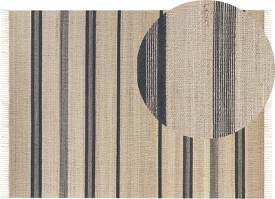 Zdjęcie produktu dla BELIANI Dywan beżowo-szary juta 160 x 230 cm z frędzlami geometryczny wzór w paski ręcznie pleciony styl boho do przedpokoju korytarza