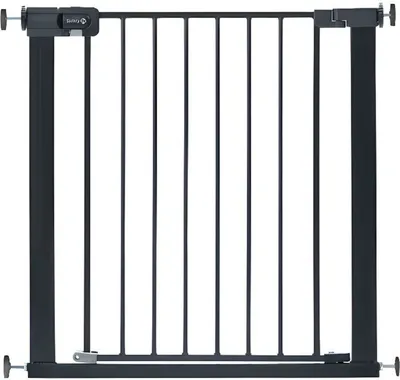 A black metal safety gate with vertical bars and a locking mechanism on the left side.