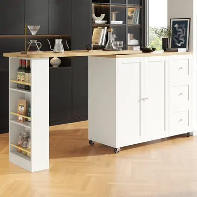 A kitchen island with storage and a countertop extension, set against a modern kitchen backdrop.