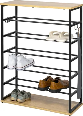Immagine prodotto di scarpiera aperta eluno per 18 paia di scarpe in metallo nero opaco con 2 ripiani in legno, piedini regolabili in altezza, 4 ganci per borse, calzascarpe, ombrelli, porta scarpe, scarpiera, mobile per scarpe, contenitore per scarpe, organizzatore di scarpe