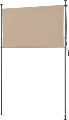 A beige roller blind mounted on a gray metal frame, presented against a white background.